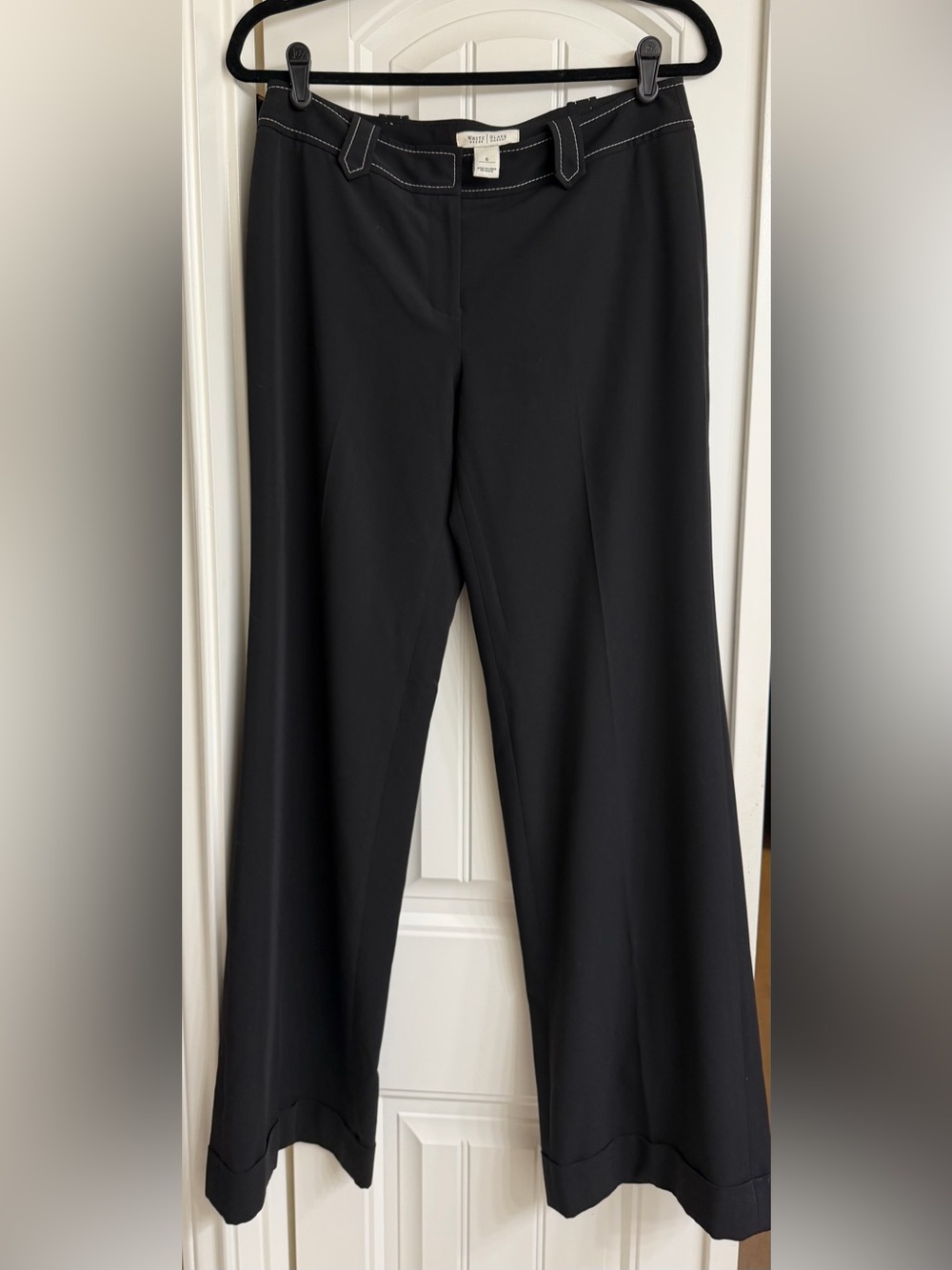 WHBM Wide Leg Cuffed Trouser Black with Contrast White Stitching, Size 6